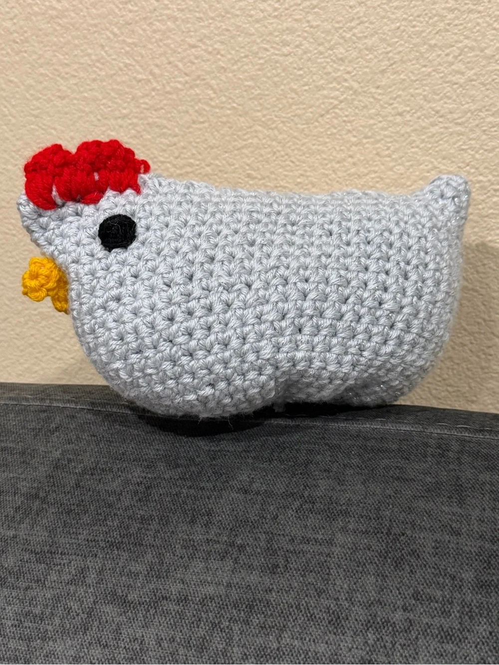 Handmade Gray Chicken Plush Bird Toy with Red Comb and Yellow Beak